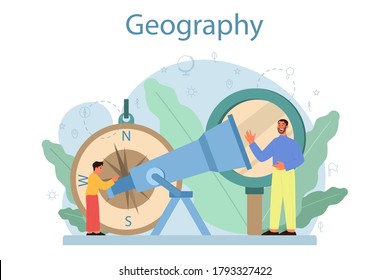 Concepto de clase de geografía. Estudiar las tierras, características, habitantes de la Tierra. Cartografía e investigación ambiental. Ilustración vectorial aislada