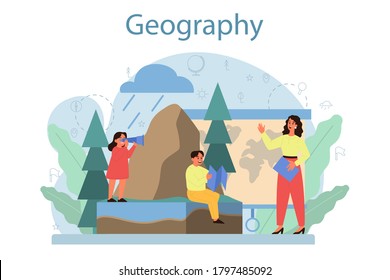 Geography class concept. Studying the lands, features, inhabitants of the Earth. Mapping and environment research. Isolated vector illustration