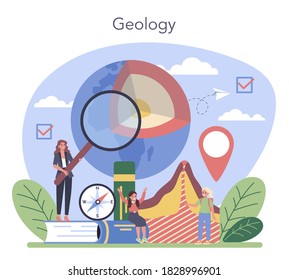 Geography Class Concept. Studying The Lands, Features, Inhabitants Of The Earth. Geology Research. Isolated Vector Illustration