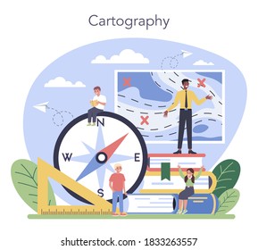 Geography class concept. Studying the lands, features, inhabitants of the Earth. Cartography research. Isolated vector illustration