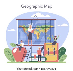 Geography class concept. Studying the lands, features, inhabitants of the Earth. Cartography, geology and environment research. Isolated vector illustration