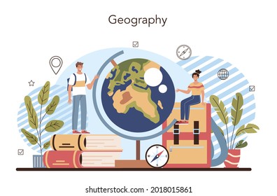 Geography class concept. Studying the lands, features, inhabitants of the Earth. Cartography, geology and environment research. Isolated vector illustration