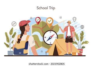 Geography class concept. Studying the lands, features, inhabitants of the Earth. Environment research on a school trip. Isolated vector illustration