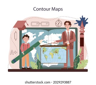 Geography class. Contour map drawing. Students learning the lands and inhabitants of the Earth. Meteorology and climatology studying. Flat vector illustration