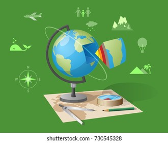 Geography class isolated vector illustration on green background. Cartoon style globe, graphite pencil and compass on world map along with other small icons