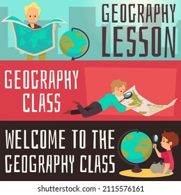 Geography class and lesson invitation horizontal posters, kids studying world map and globe, flat vector illustration. Set of banners for school education.