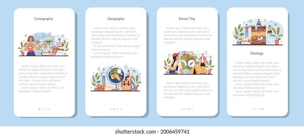 Geography class mobile application banner set. Studying the lands, features, inhabitants of the Earth. Cartography, geology and environment research on a school trip. Isolated vector illustration