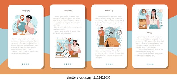 Geography class mobile application banner set. Students learning the lands and inhabitants of the Earth. Mapping and environment research. Geology and cartography studying. Flat vector illustration