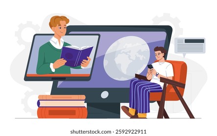 Geography class online. Remote training and education. Distant school or university. Student watching teachers lecture on internet. Digital learning. Flat vector illustration