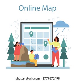 Servicio o plataforma en línea de clase de geografía. Estudiar las tierras, características, habitantes de la Tierra. Mapa en línea. Ilustración vectorial aislada