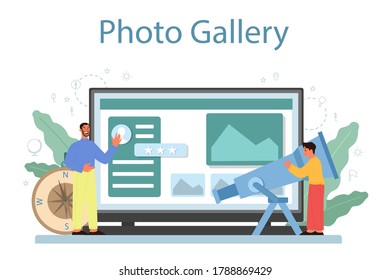 Geography class online service or platform. Studying the lands, features, inhabitants of the Earth. Photo gallery. Isolated vector illustration