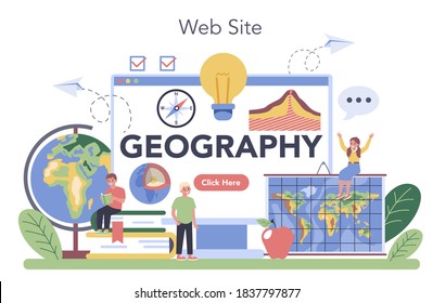 Geography class online service or platform. Studying the lands, features, inhabitants of the Earth. Website. Isolated vector illustration