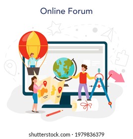 Geography class online service or platform. Studying the lands, features, inhabitants of the Earth. Environment research. Online forum. Isolated vector illustration