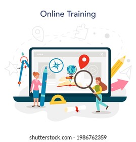 Geography class online service or platform. Studying the lands, features, inhabitants of the Earth. Environment research. Online training. Isolated vector illustration