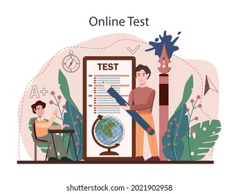 Geography class online service or platform. Students learning the lands and inhabitants of the Earth. Online test. Flat vector illustration