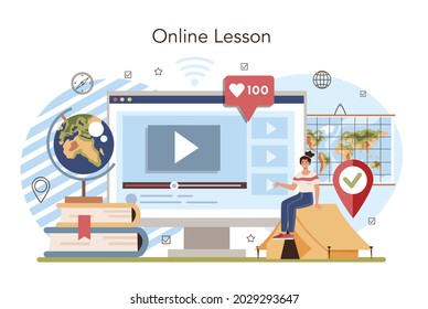 Geography class online service or platform. Studying the lands, features, inhabitants of the Earth. Studying the lands, features, inhabitants of the Earth. Online lesson. Isolated vector illustration