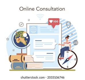 Geography class online service or platform. Studying the lands, features, inhabitants of the Earth. Studying the land, features, inhabitants of the Earth. Online consultation. Flat vector illustration