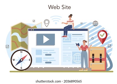 Geography class online service or platform. Studying the lands, features, inhabitants of the Earth. Studying the lands, features, inhabitants of the Earth. Website. Isolated vector illustration