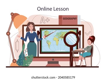 Geography class online service or platform. Students learning the lands and inhabitants of the Earth. Online lesson. Flat vector illustration