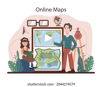 Geography class online service or platform. Students learning the lands and inhabitants of the Earth. Online maps. Flat vector illustration