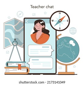 Geography Class Online Service Or Platform. Student Learning The Lands And Inhabitants Of The Earth. Geology And Cartography Studying. Online Chat. Flat Vector Illustration