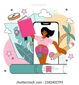 Geography class online service or platform. Students learning the lands and ecosystems of the Earth. Climate and environment research. Online call. Flat vector illustration