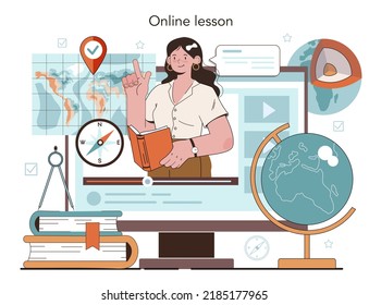 Geography Class Online Service Or Platform. Student Learning The Lands And Inhabitants Of The Earth. Geology And Cartography Studying. Online Lesson. Flat Vector Illustration