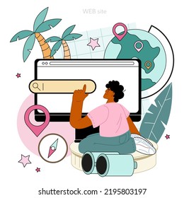 Geography class online service or platform. Students learning the lands and ecosystems of the Earth. Climate and environment research. Website. Flat vector illustration
