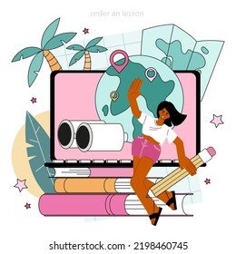 Geography class online service or platform. Students learning the lands and ecosystems of the Earth. Climate and environment research. Online education. Flat vector illustration