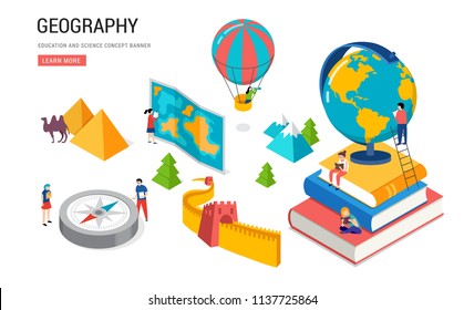 Geography class, school, college lesson. Vector isometric design