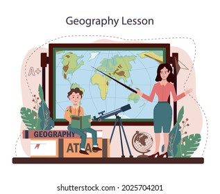 Geography class. Students learning the lands and inhabitants of the Earth. Mapping and environment research. Meteorology and climatology studying. Flat vector illustration