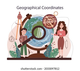 Clase de geografía. Estudiantes aprendiendo las tierras y habitantes de la Tierra. Cartografía e investigación ambiental. Estudio de meteorología y climatología. Ilustración vectorial plana