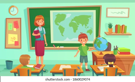 Geographie-Klasse, Lehrer und Schüler im Zimmer. Schuljunge zeigt Land auf der Welt. Weibliche Unterrichtsstunde mit Karte an der Tafel. Schule mit Kindern, Bildungskonzept, Vektorgrafik