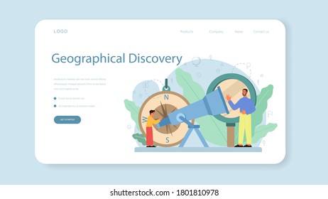 Geography class web banner or landing page. Global science studying the lands, features, inhabitants of the Earth. Mapping and environment research. Isolated vector illustration