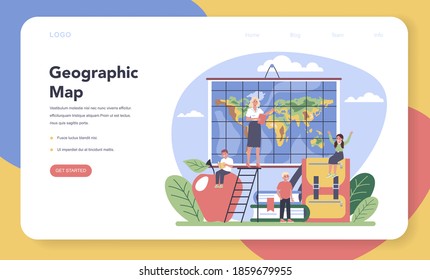 Geography class web banner or landing page. Studying the lands, features, inhabitants of the Earth. Cartography, geology and environment research. Isolated vector illustration