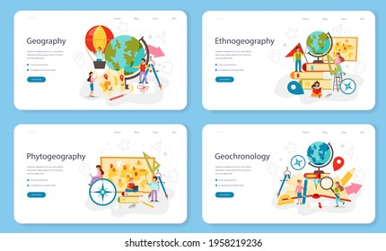 Geography class web banner or landing page set. Studying the lands, features