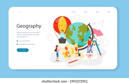 Geography class web banner or landing page. Studying the lands, features, inhabitants of the Earth. Mapping and environment research. Isolated vector illustration