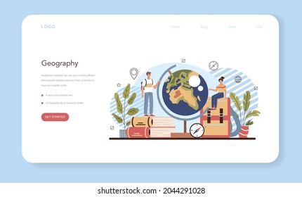 Banner web o página de inicio de clase geográfica. Estudiar las tierras, características, habitantes de la Tierra. Cartografía, geología e investigación ambiental. Ilustración vectorial aislada