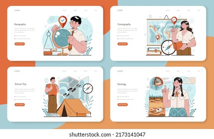 Geography class web banner or landing page set. Students learning the lands and inhabitants of the Earth. Mapping and environment research. Geology and cartography studying. Flat vector illustration