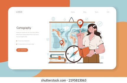 Geography class web banner or landing page. Students learning the lands and inhabitants of the Earth. Mapping and environment research. Geology and cartography studying. Flat vector illustration