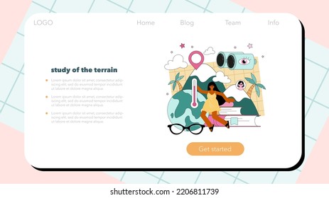 Geography class web banner or landing page. Students learning the lands and ecosystems of the Earth. Climate and environment research. Flat vector illustration