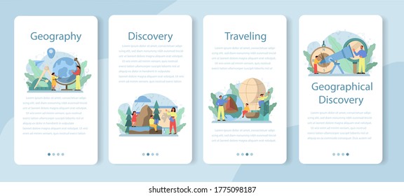 Juego de banners de aplicaciones móviles de clase de geografía. Ciencia global estudiando las tierras, características, habitantes de la Tierra. Cartografía e investigación ambiental. Ilustración vectorial aislada
