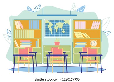 Geography Classroom Interior Indoor School Modern Flat Vector Illustration. Learning and Teaching. Empty Place. Desk, Chair, Bookcase with Books, World Map with Earth Continent on Background