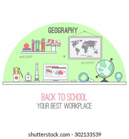 Geography classroom workplace. Vector illustration