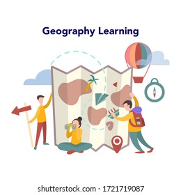 Geography concept. Global science studying the lands, features, inhabitants of the Earth. Abstract vector illustration of geography learning in school or university. Mapping and environment research.