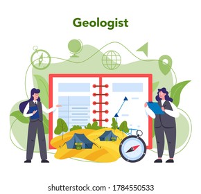 Geography concept. Studying the lands, features, inhabitants of the Earth. Mapping and environment research. Isolated vector illustration