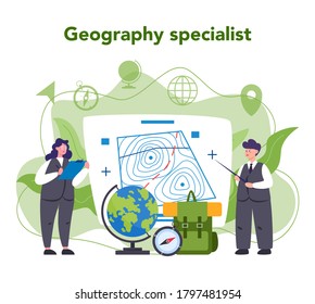 Geography concept. Studying the lands, features, inhabitants of the Earth. Mapping and environment research. Isolated vector illustration
