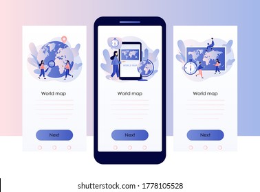 Geography concept. World map. Globalisation. Tiny people study atlas Earth. Screen template for mobile smart phone. Modern flat cartoon style. Vector illustration on white background