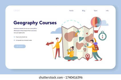 Geography Kurs Web Banner oder Landing Page Konzept. Studium der Länder, Merkmale, Bewohner der Erde. Abstrakte Vektorgrafik von Geografie-Lernen. Kartierung und Umweltforschung.