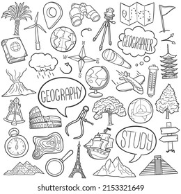 Geography Doodle Icons. Hand Made Line Art. School Subject Clipart Logotype Symbol Design.